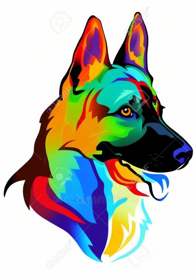 Красочный декоративный портрет в профиль собаки немецкой овчарки, векторные иллюстрации в разных цветах, изолированные на белом фоне