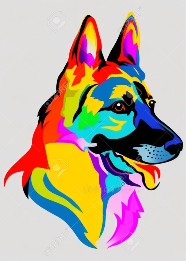 Красочный декоративный портрет в профиль собаки немецкой овчарки, векторные иллюстрации в разных цветах, изолированные на белом фоне
