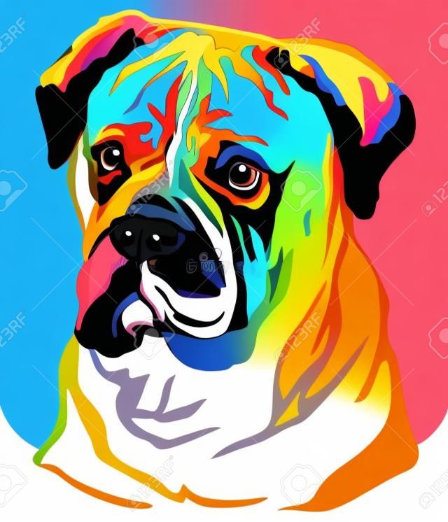 Colorido retrato decorativo de perro Bullmastiff, ilustración vectorial en diferentes colores aislado sobre fondo blanco. Imagen para diseño y tatuaje.