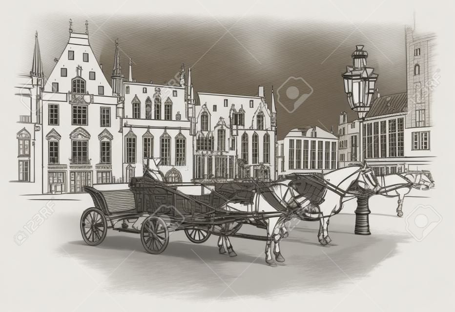 Vista sulla piazza Grote Markt nella città medievale di Bruges, Belgio. Punto di riferimento del Belgio. Cavalli, carrozze e lanterne sulla piazza del mercato di Bruges. Illustrazione di disegno a mano di vettore in colore nero isolato su priorità bassa bianca.