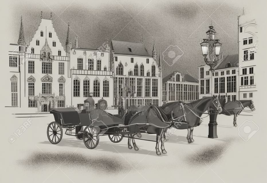 Vista sulla piazza Grote Markt nella città medievale di Bruges, Belgio. Punto di riferimento del Belgio. Cavalli, carrozze e lanterne sulla piazza del mercato di Bruges. Illustrazione di disegno a mano di vettore in colore nero isolato su priorità bassa bianca.