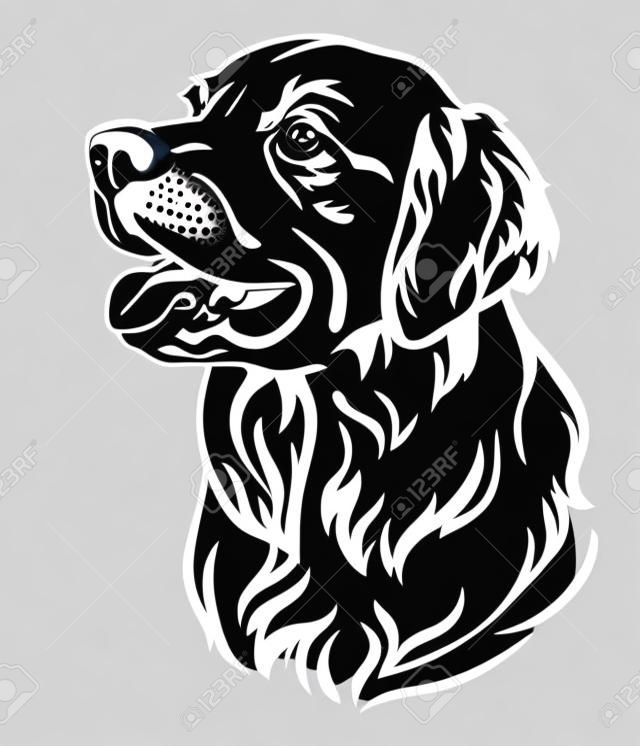 Retrato de contorno decorativo de perro Golden Retriever mirando de perfil, ilustración vectorial en color negro aislado sobre fondo blanco. Imagen para diseño y tatuaje.