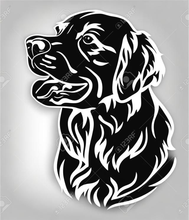 プロファイルで見ている犬ゴールデンレトリバーの装飾的な輪郭の肖像画、白い背景に分離された黒色のベクトルイラスト。デザインとタトゥーのためのイメージ。