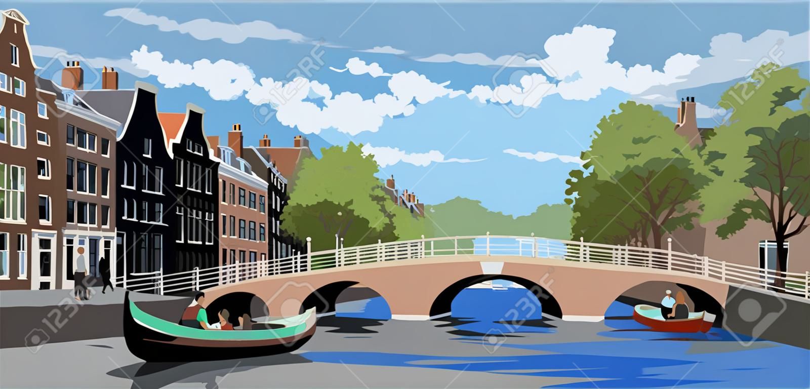 Paisaje urbano con puente sobre los canales de Amsterdam, Países Bajos. Hito de Holanda. Ilustración de vector colorido.