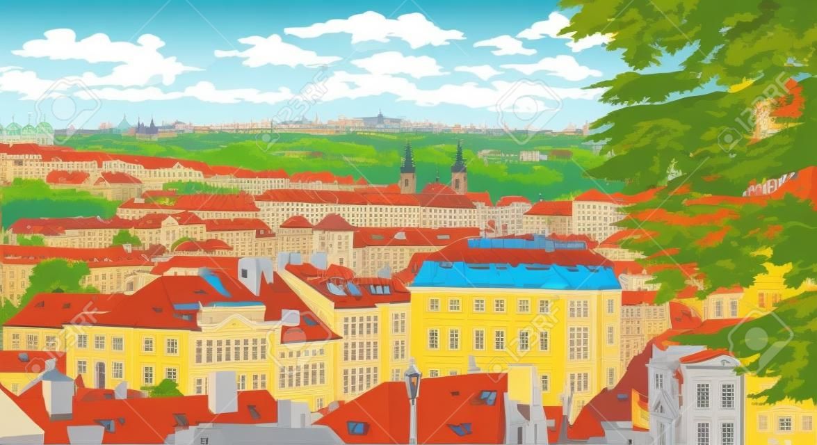 Colorful vector illustration of panoramic cityscape of Prague. Strahov Monastery and roofs of Prague. Landmark of Prague, Czech Republic. Colorful vector illustration.