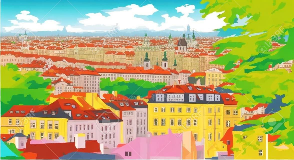 プラハのパノラマの街並みを彩るカラフルなベクターイラスト。プラハのストラホフ修道院と屋根。プラハのランドマーク, チェコ共和国.カラフルなベクターイラスト。