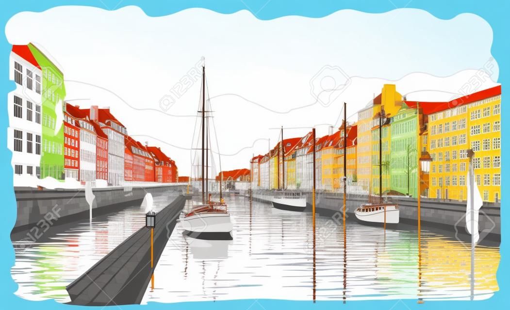 デンマーク・コペンハーゲンの桟橋。デンマークのランドマーク。白い背景に分離されたベクターカラフルな手描きのイラスト。