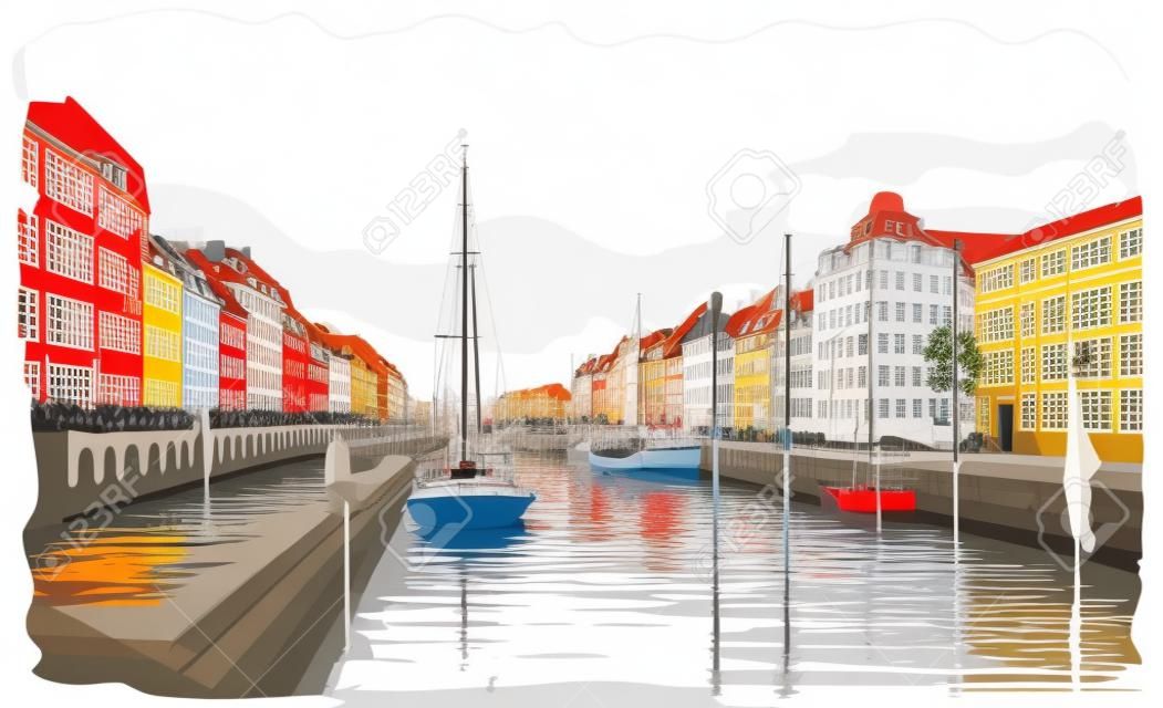 Pier in Kopenhagen, Dänemark. Wahrzeichen von Dänemark. Bunte Handzeichnungsillustration des Vektors lokalisiert auf weißem Hintergrund.