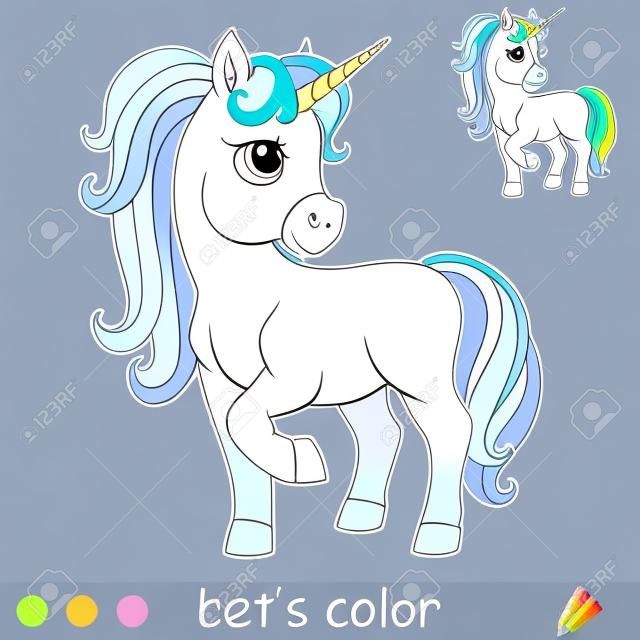 Cute standing cartoon unicorn. Coloring book page with colorful template. Vector cartoon isolated illustration. For coloring book, education, print, game, party, baby shower, design, decor and apparel