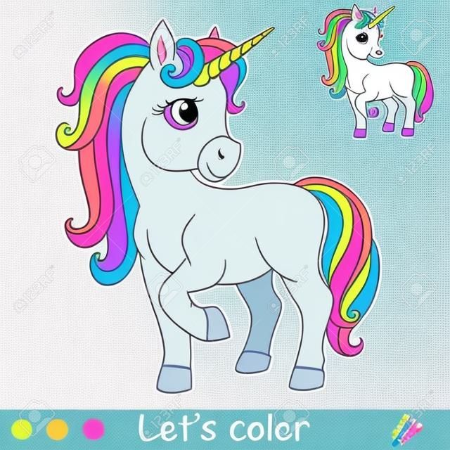 Cute standing cartoon unicorn. Coloring book page with colorful template. Vector cartoon isolated illustration. For coloring book, education, print, game, party, baby shower, design, decor and apparel