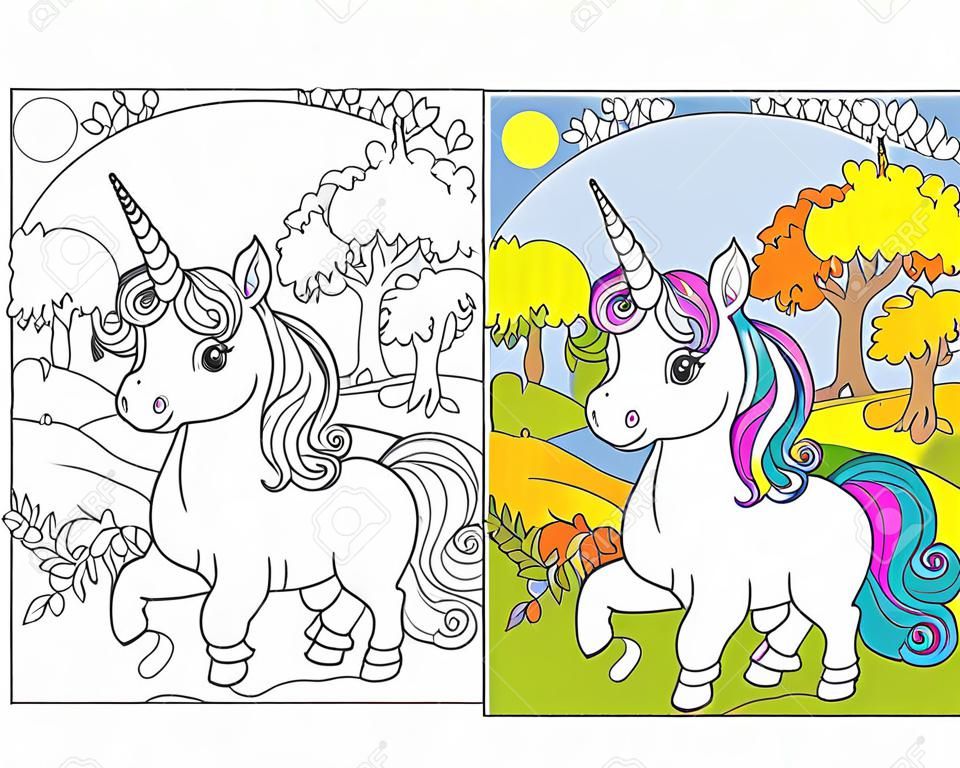 Cute unicorns in the autumn forest. Coloring book page for children with colorful template. Vector cartoon isolated illustration. For coloring book, education, print, game, decor, puzzle, design