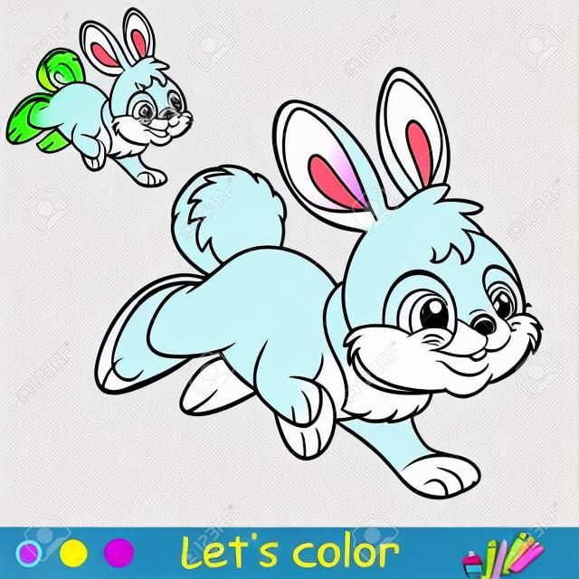 Simpatico coniglio che salta. Coniglio del personaggio dei cartoni animati. Pagina del libro da colorare con modello colorato. Illustrazione isolata contorno vettoriale. Per libro da colorare, educazione prescolare, stampa, adesivi, design e gioco.