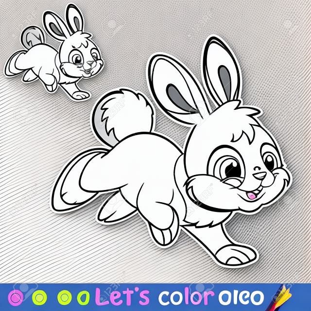 Simpatico coniglio che salta. Coniglio del personaggio dei cartoni animati. Pagina del libro da colorare con modello colorato. Illustrazione isolata contorno vettoriale. Per libro da colorare, educazione prescolare, stampa, adesivi, design e gioco.