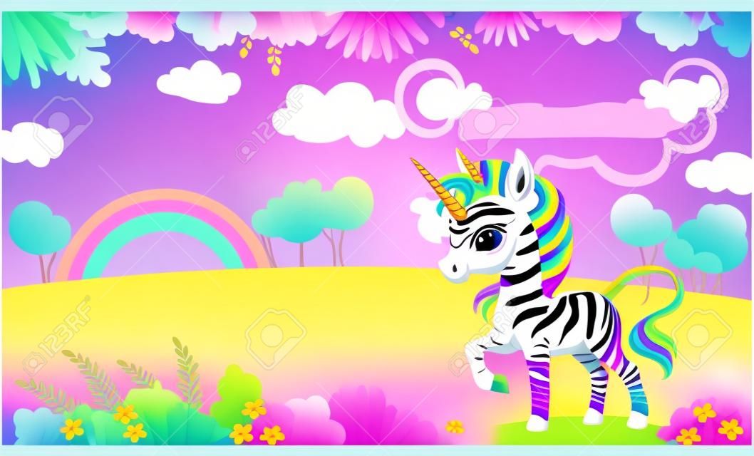 Colorful cover design with cute zebra unicorn a blooming meadow. children cartoon background. vector illustration. cover page template layout. For notebooks, planners, brochures, books. Two-page cover