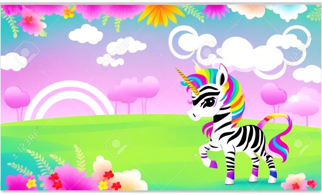 Kleurrijke hoes ontwerp met schattige zebra eenhoorn een bloeiende weide. kinderen cartoon achtergrond. vector illustratie. cover pagina template lay-out. Voor notebooks, planners, brochures, boeken.