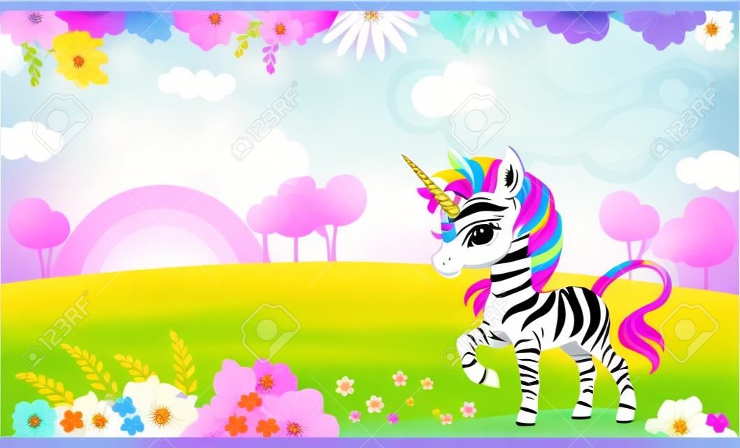 Colorful cover design with cute zebra unicorn a blooming meadow. children cartoon background. vector illustration. cover page template layout. For notebooks, planners, brochures, books. Two-page cover