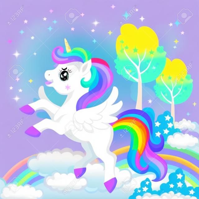Magic cute unicorn with rainbow mane and tail in the sky. children cartoon background. vector illustration. For print, design, posters, cards, stickers, decor, kids apparel, baby shower and invitation