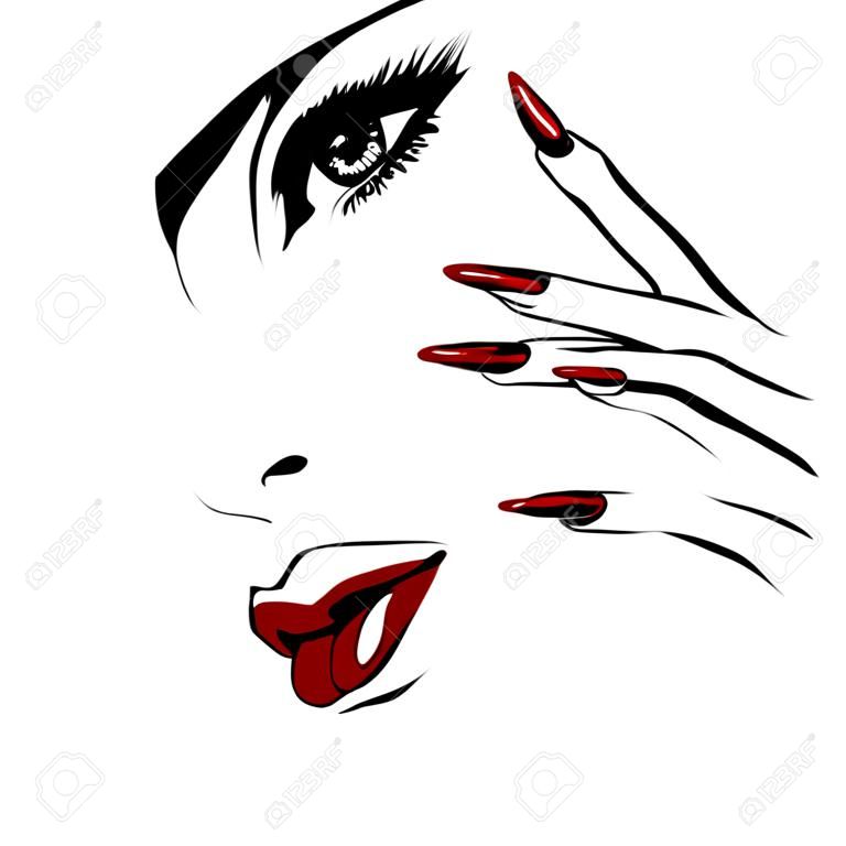 Cara de contorno con labios rojos y uñas ilustración