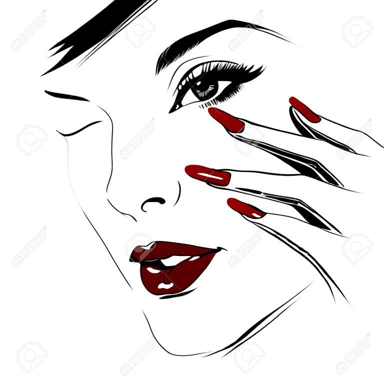 Rosto do esboço com ilustração vermelha dos lábios e das unhas