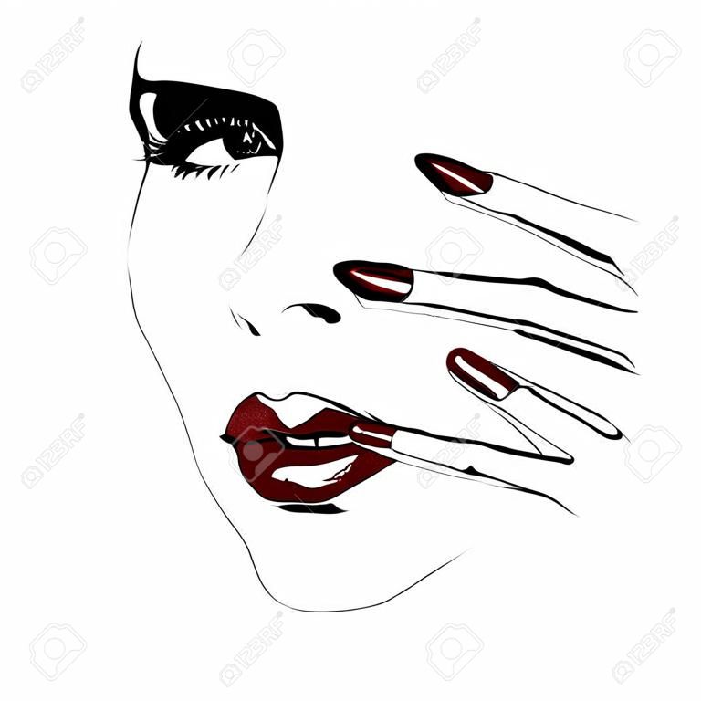 Outline face with red lips and nails illustration