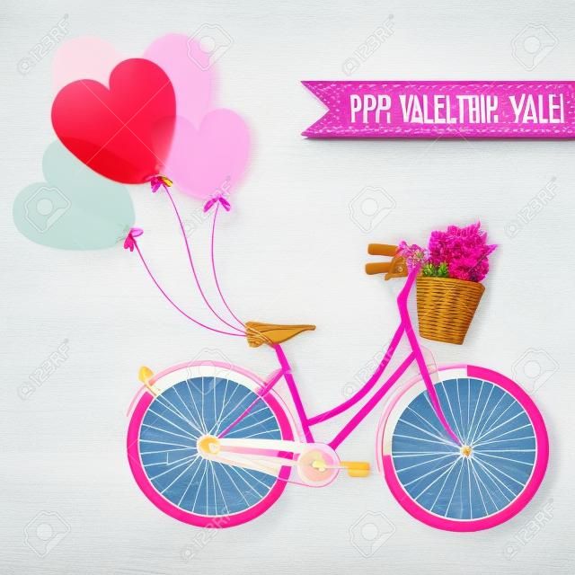 Bicicleta con globos y una canasta llena de flores, tarjeta romántica de San Valentín