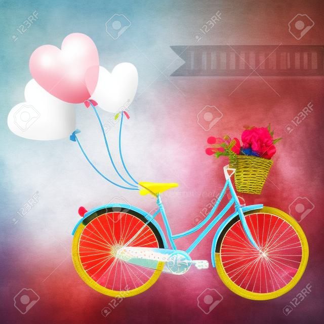 Vélo avec des ballons et un panier plein de fleurs, la carte de Saint-Valentin romantique de