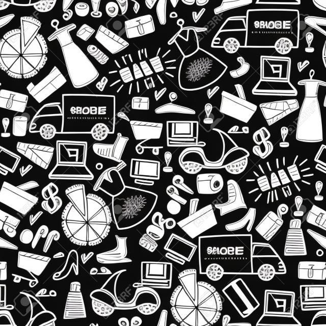 Online shopping seamless pattern. White hand drawn e-commerce objects isolated on black background. Vector illustration.