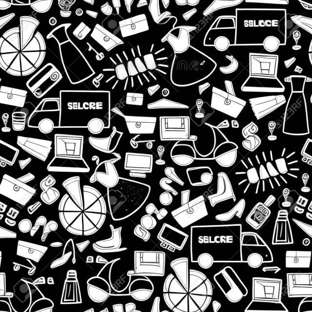 Nahtloses Muster des Online-Shoppings. Weiße handgezeichnete E-Commerce-Objekte isoliert auf schwarzem Hintergrund. Vektor-Illustration.