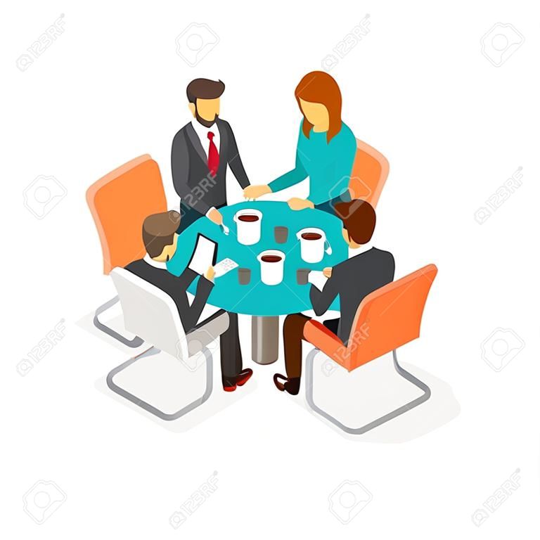 Business concept flat 3d isometric infographic vector. Group of people office staff at the round table talking.