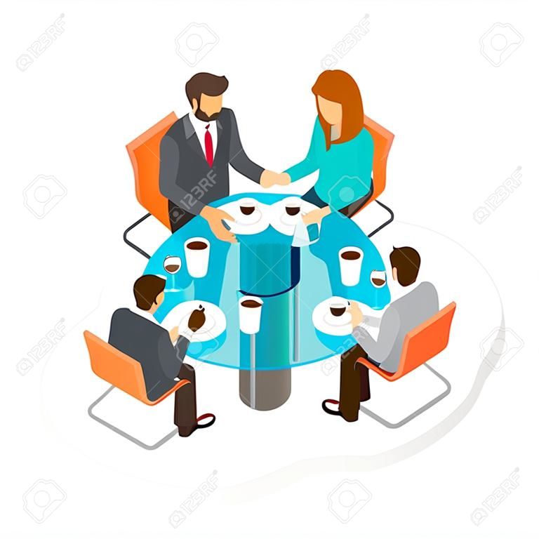 Business concept flat 3d isometric infographic vector. Group of people office staff at the round table talking.