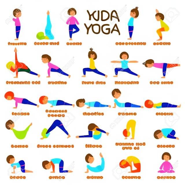 Zestaw do jogi dla dzieci. Gimnastyka dla dzieci i zdrowy tryb życia. Ilustracji wektorowych.