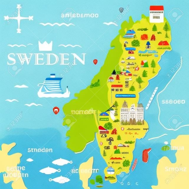 Illustrazione disegnata a mano della mappa di simboli della Svezia con attrazioni turistiche. Concetto di viaggio. Illustrazione vettoriale