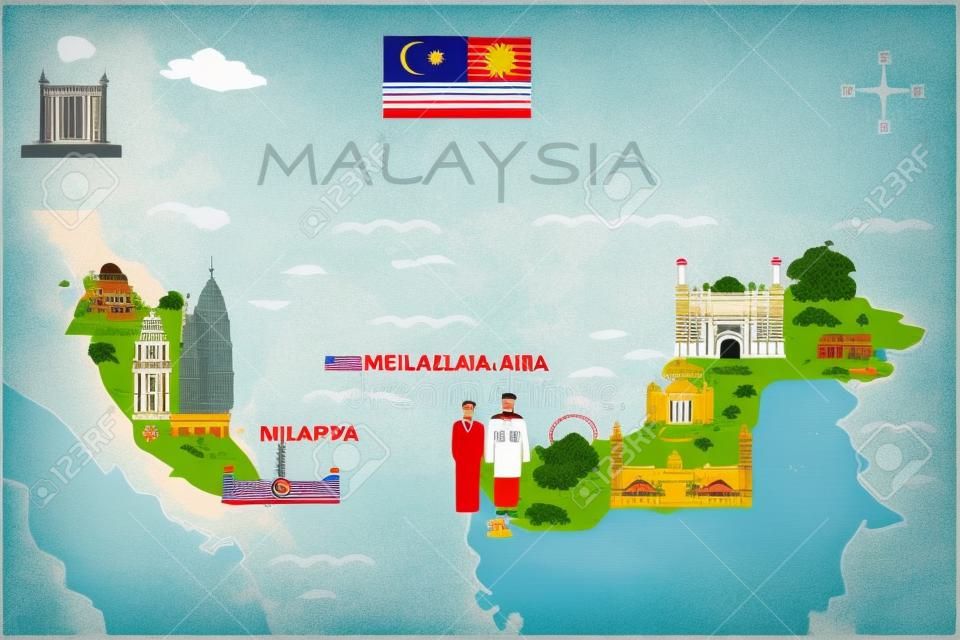 Mapa estilizado da Malásia. Ilustração de viagem com marcos malaios, arquitetura, bandeira nacional e outros símbolos em estilo plano. Infográfico. Viagem e atração turística. Ilustração vetorial