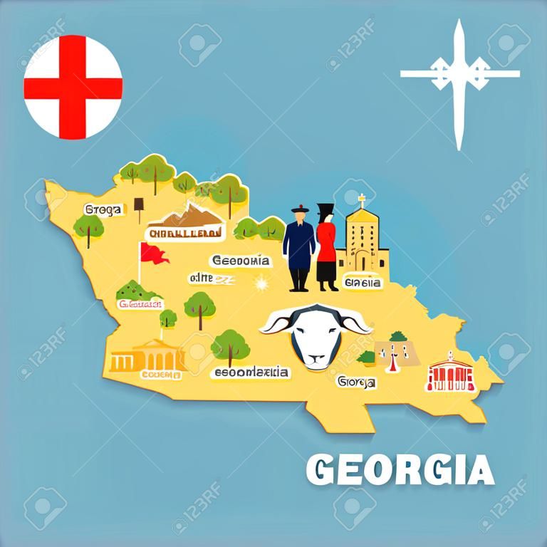 ジョージアの様式化された地図。グルジアのランドマーク、衣装、国旗、その他のシンボルをフラットなスタイルで旅のイラスト。ベクトルの図