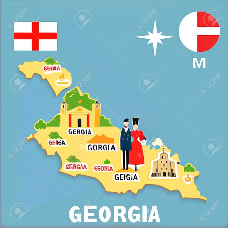 ジョージアの様式化された地図。グルジアのランドマーク、衣装、国旗、その他のシンボルをフラットなスタイルで旅のイラスト。ベクトルの図