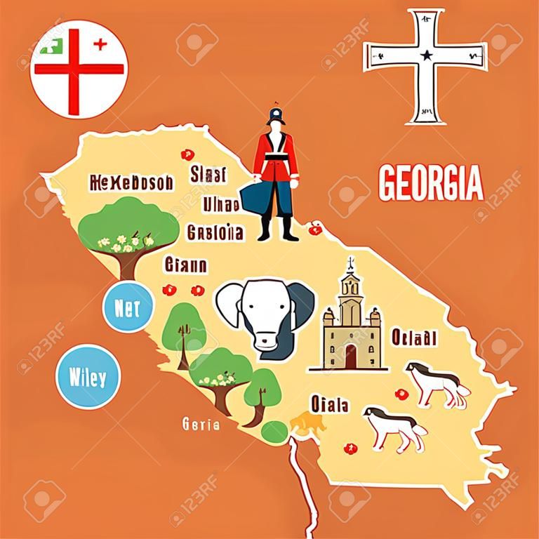 Mappa stilizzata della Georgia. Illustrazione di viaggio con punto di riferimento georgiano, costume, bandiera nazionale e altri simboli in stile piatto. Illustrazione vettoriale