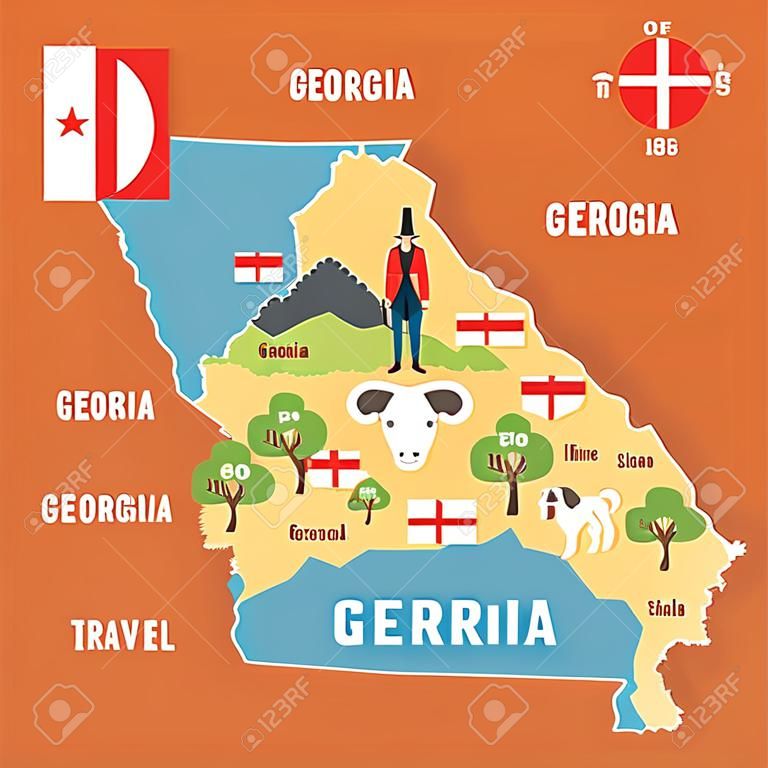 Gestileerde kaart van Georgië. Reizen illustratie met Georgische bezienswaardigheid, kostuum, nationale vlag, en andere symbolen in platte stijl.