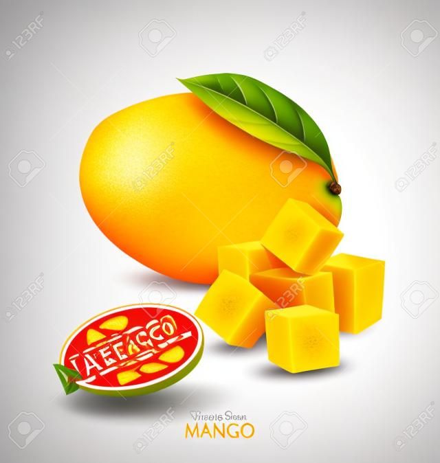 矢量成熟的芒果水果切成薄片，在白色背景上