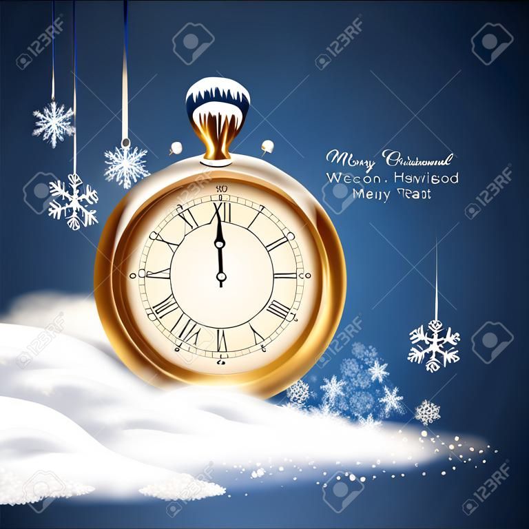오래된 시계, 눈, 눈송이 및 눈 드리프트 벡터 크리스마스 배경