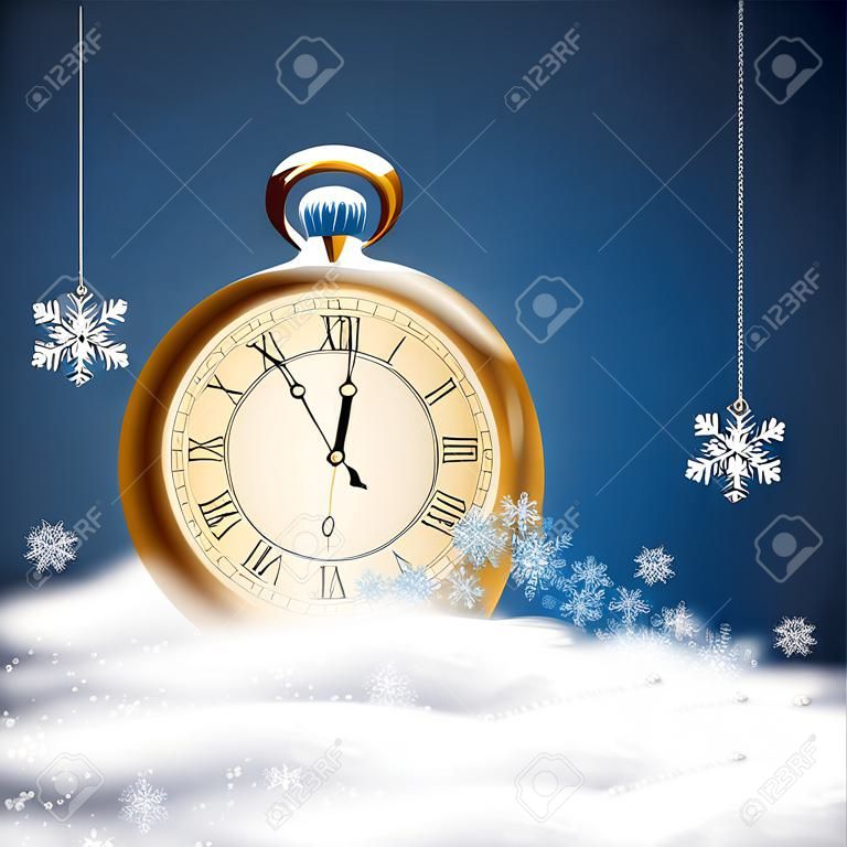 vecteur de fond de Noël avec des horloges anciennes, la neige, les flocons de neige et des congères