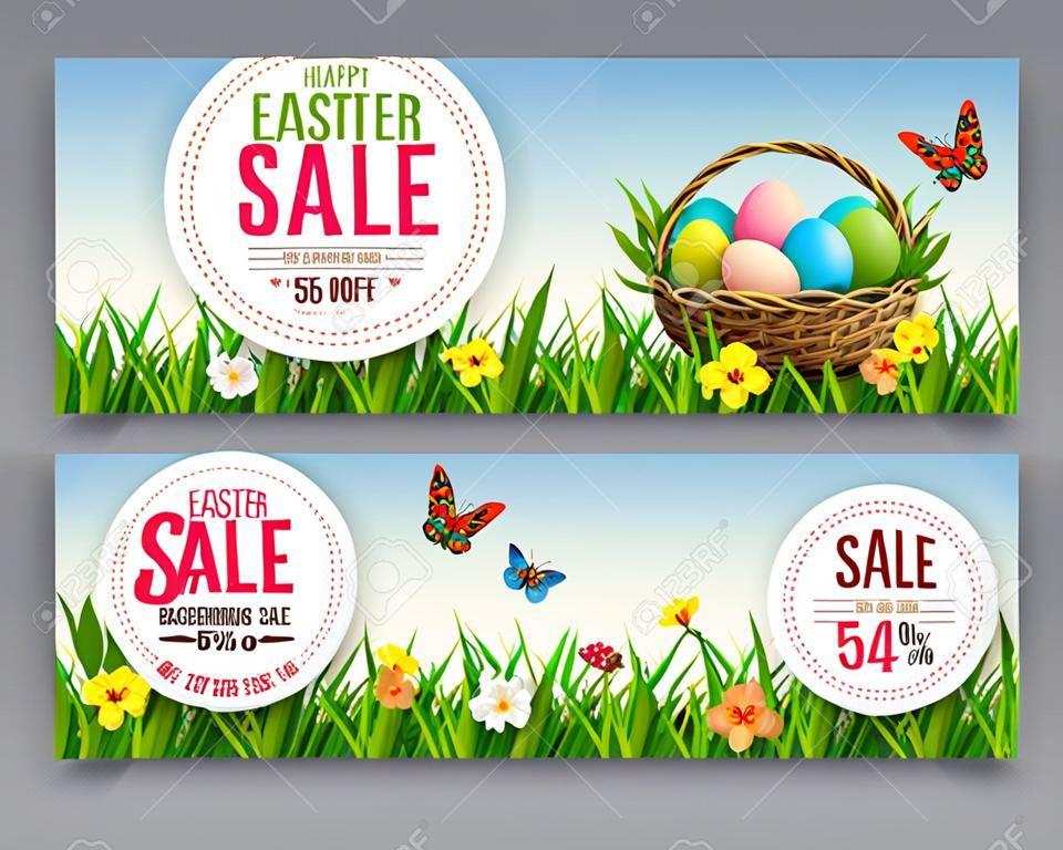 Set of vector illustration. Easter vintage sale banner, advertising round card with eggs lying in a wicker basket and with green grass against the background of blue sky. Design element, template discount posters, wallpaper, flyers, invitation, brochure, greeting card.