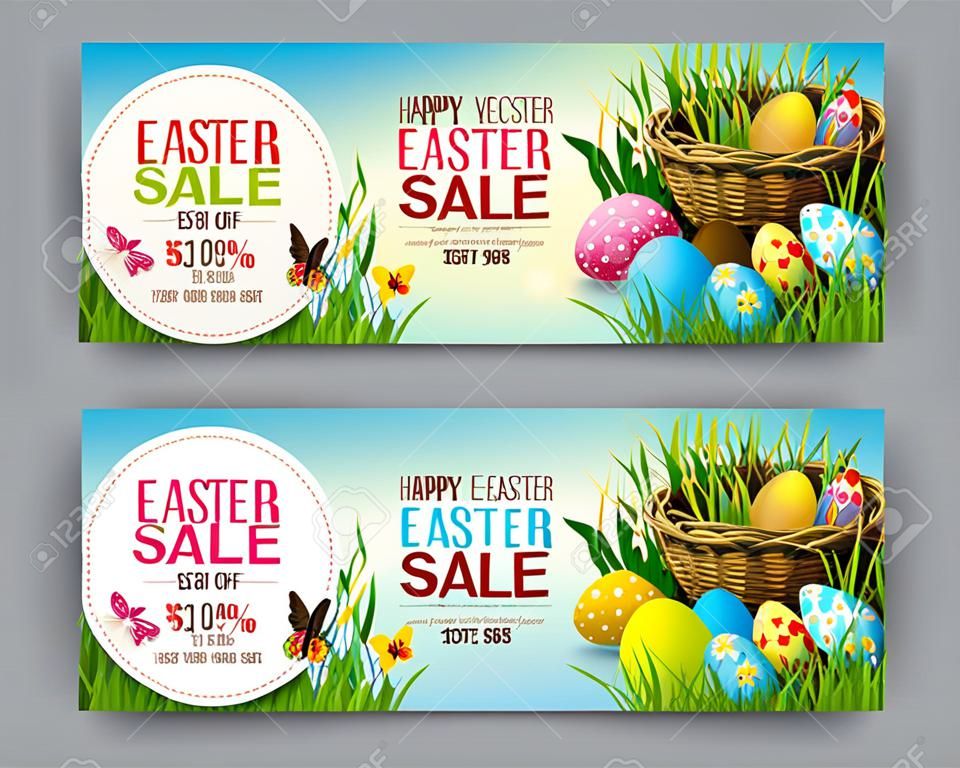 Set of vector illustration. Easter vintage sale banner, advertising round card with eggs lying in a wicker basket and with green grass against the background of blue sky. Design element, template discount posters, wallpaper, flyers, invitation, brochure, greeting card.