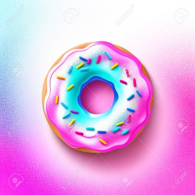 Donut mit rosa Zuckerguss und mehrfarbigem Pulver isoliert auf weißem Hintergrund. 3D realistisches Essenssymbol. Vorlage modernes Design für Einladung, Poster, Stoff, Textil. Realistische Vektordarstellung