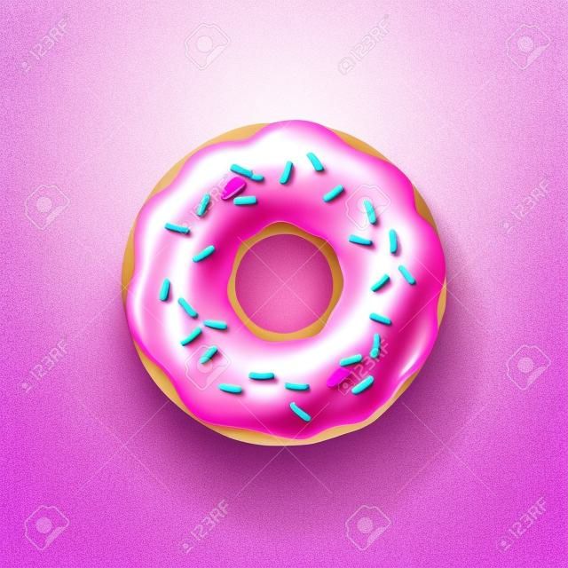 Donut mit rosa Zuckerguss und mehrfarbigem Pulver isoliert auf weißem Hintergrund. 3D realistisches Essenssymbol. Vorlage modernes Design für Einladung, Poster, Stoff, Textil. Realistische Vektordarstellung