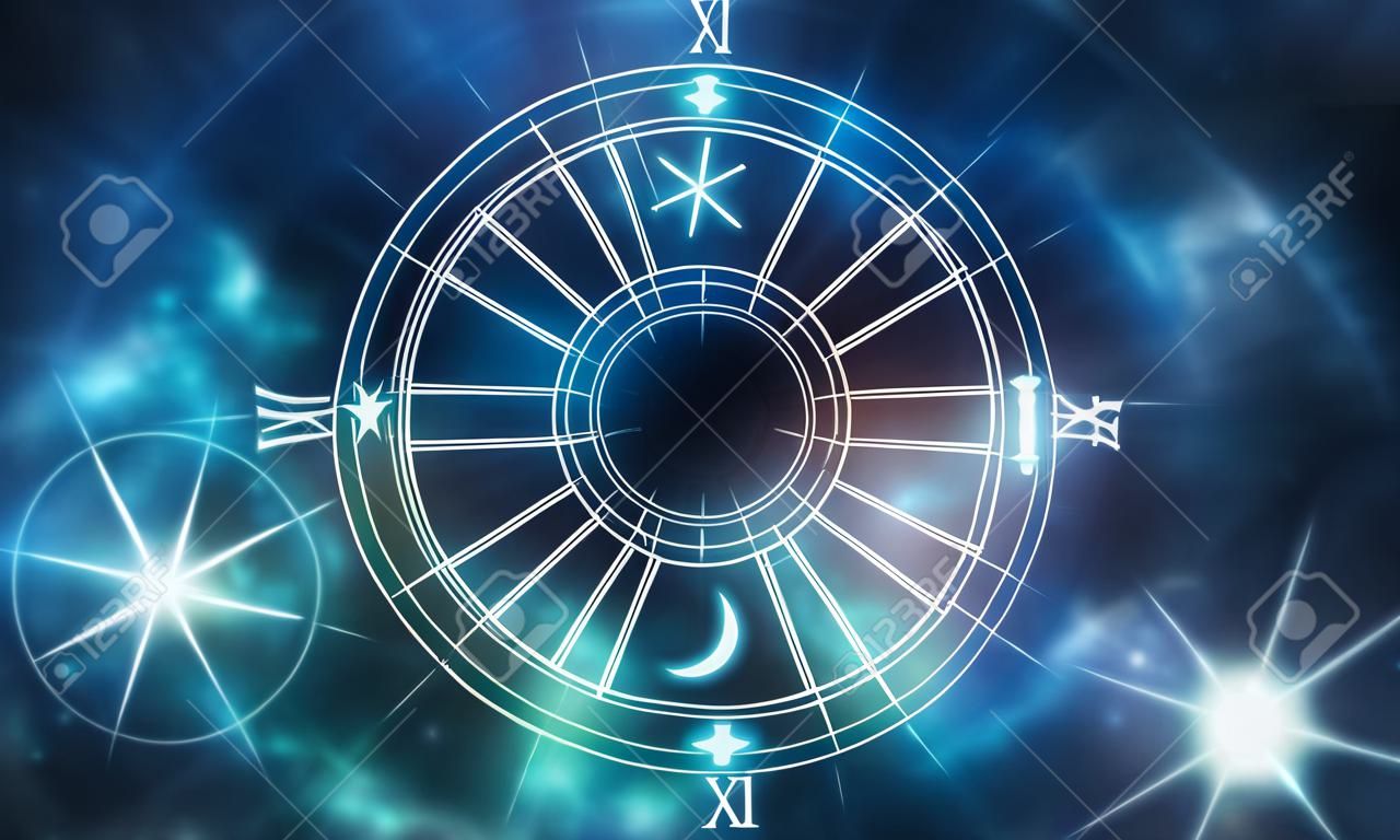 L'oroscopo segna lo sfondo dello spazio, la ruota astrologica, il cielo notturno delle stelle