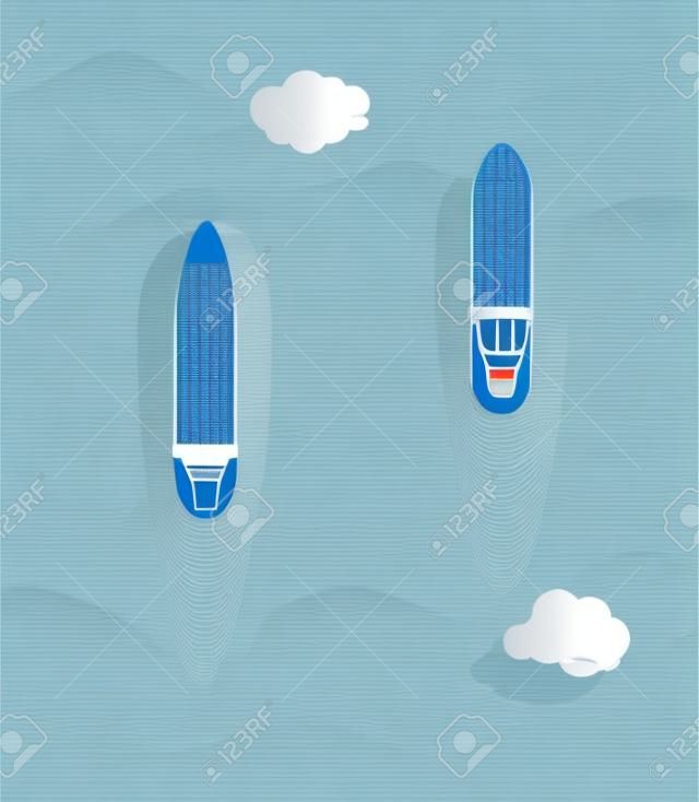 Set of commercial cargo ships. Sea transportation vehicle. Transport boat, tanker, container ships. International water trade concept. Vector illustration.