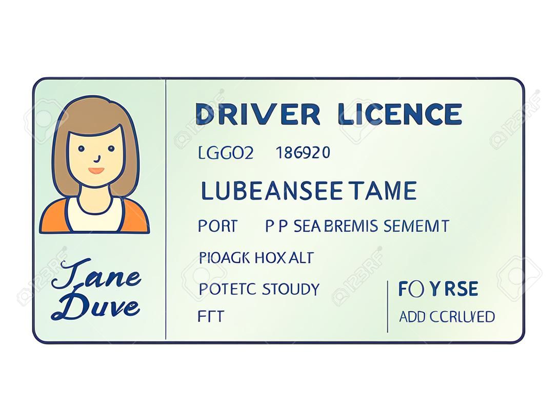 Identificazione della patente di guida dell'auto. Carta di plastica della patente di guida con foto della donna. Stile piano isolato. Illustrazione vettoriale.