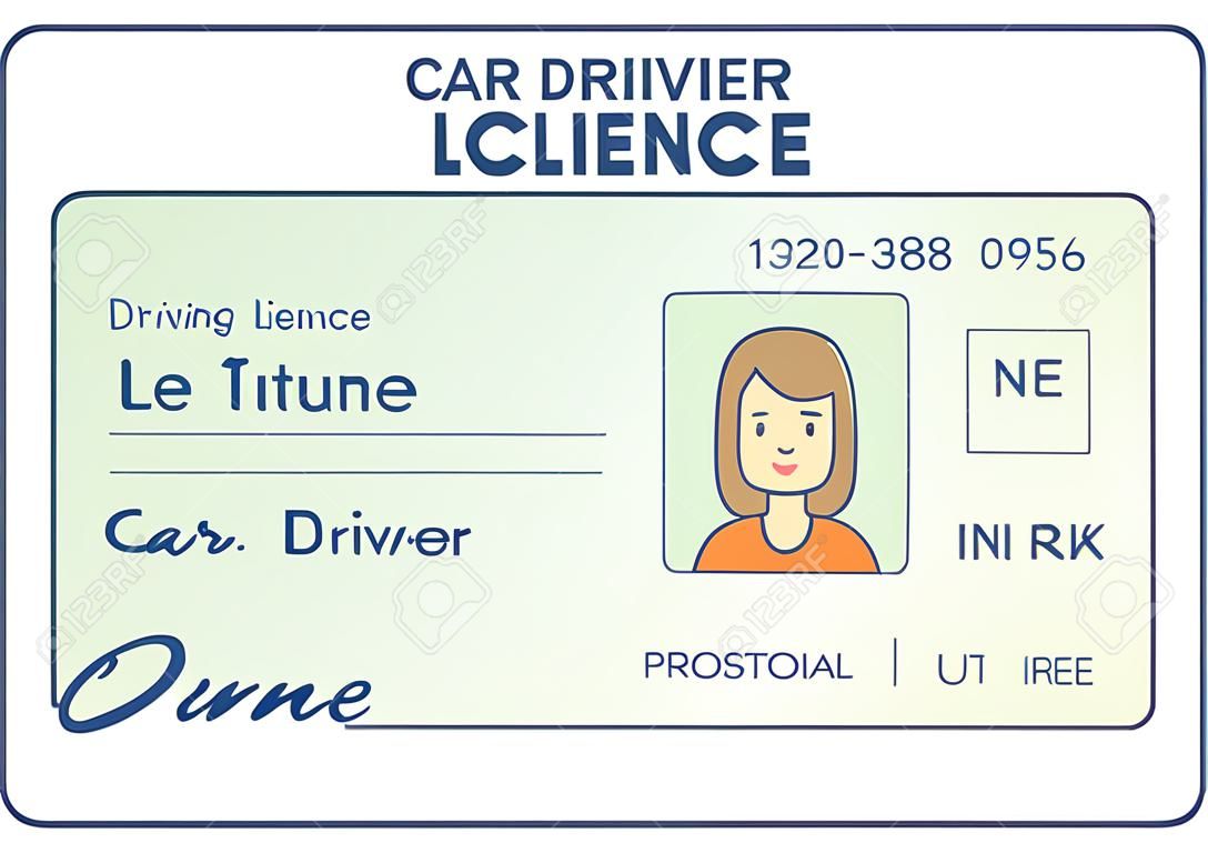 Auto rijbewijs identificatie. Rijbewijs plastic kaart met vrouw foto. Platte stijl geïsoleerd. Vector illustratie.