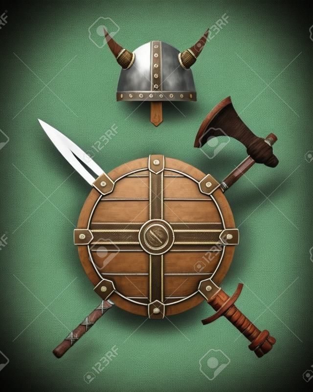 バイキングの武器 - 古い中世の盾、ヘルメット、手斧、剣、斧、弓。戦士装備のセット。