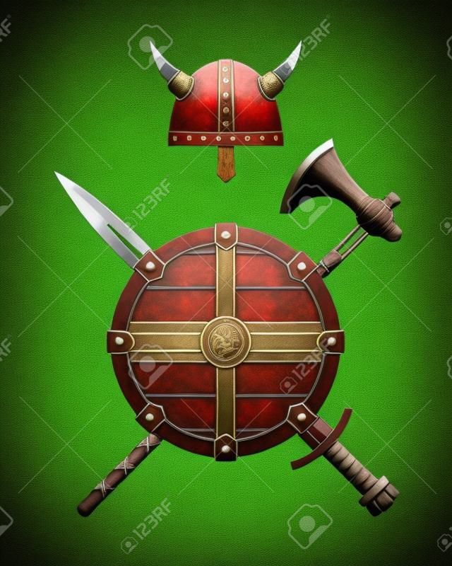 バイキングの武器 - 古い中世の盾、ヘルメット、手斧、剣、斧、弓。戦士装備のセット。